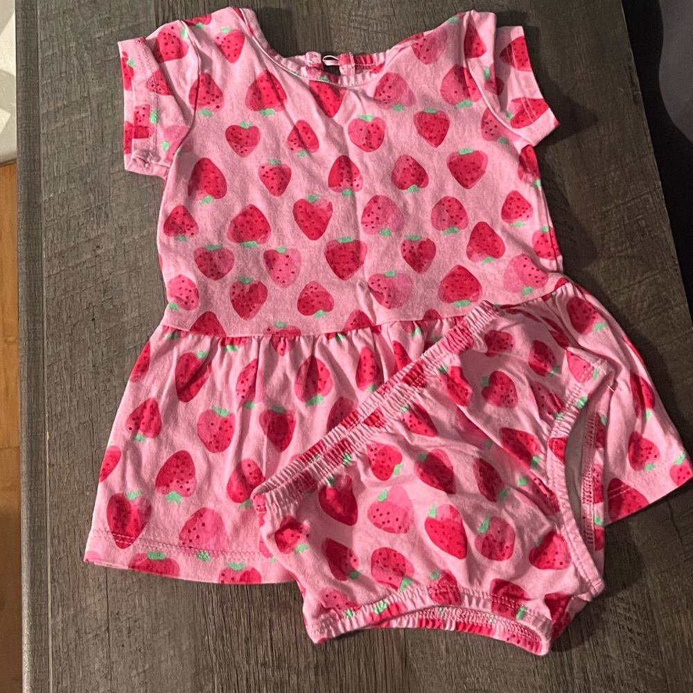 Pink Strawberry Print Baby Dress & Diaper cover Set